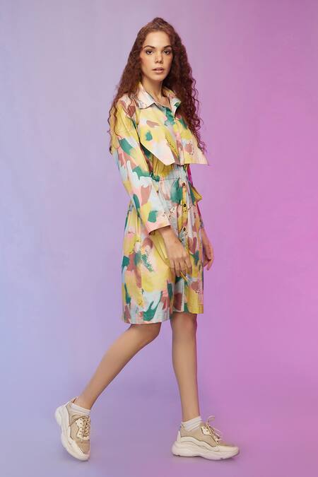 Shop_So Us By Sougatpaul_Multi Color Cotton Collared Lively Printed Bib Dress _Online_at_Aza_Fashions