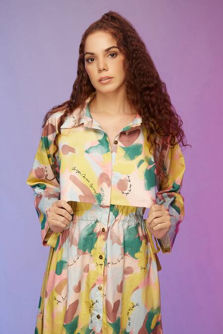 So Us By Sougatpaul_Multi Color Cotton Collared Lively Printed Bib Dress _at_Aza_Fashions