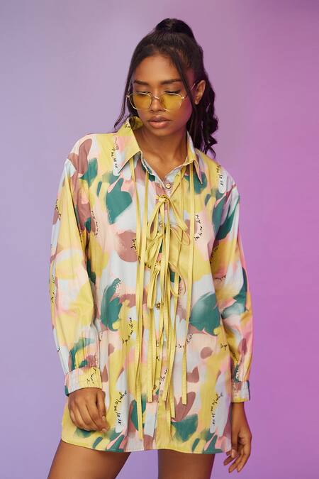 Shop_So Us By Sougatpaul_Multi Color Cotton Collared Chillax Printed Dress _Online_at_Aza_Fashions