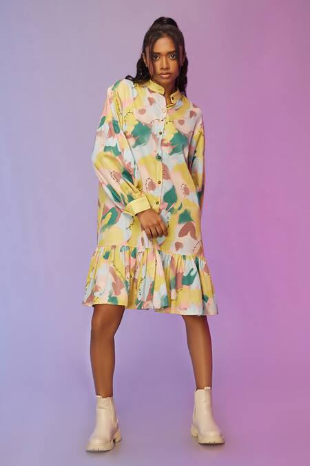 So Us By Sougatpaul_Multi Color Cotton Mandarin Collar Morden Printed Edge Dress _Online_at_Aza_Fashions