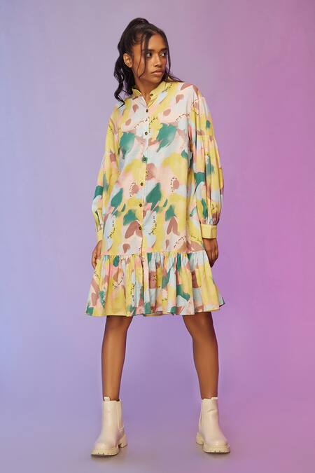 Buy_So Us By Sougatpaul_Multi Color Cotton Mandarin Collar Morden Printed Edge Dress _Online_at_Aza_Fashions