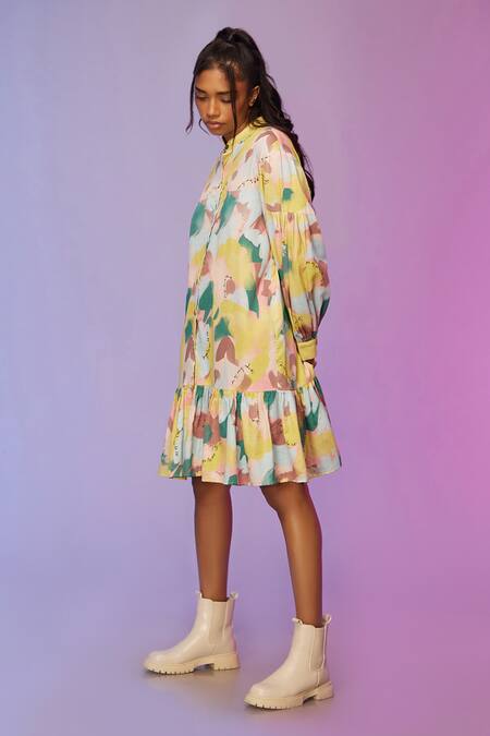Shop_So Us By Sougatpaul_Multi Color Cotton Mandarin Collar Morden Printed Edge Dress _Online_at_Aza_Fashions