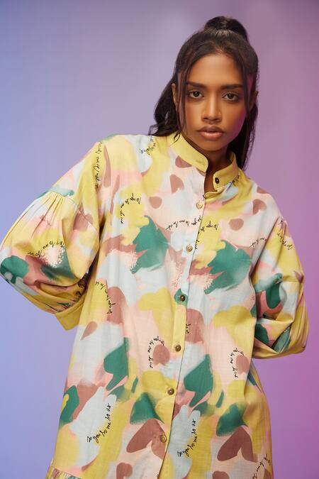 So Us By Sougatpaul_Multi Color Cotton Mandarin Collar Morden Printed Edge Dress _at_Aza_Fashions