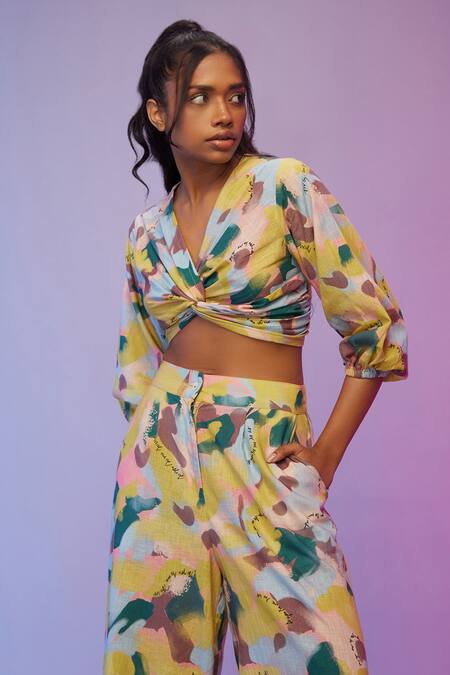 Shop_So Us By Sougatpaul_Multi Color Cotton V-neck Beach Escape Printed Top And Pant Set _Online_at_Aza_Fashions