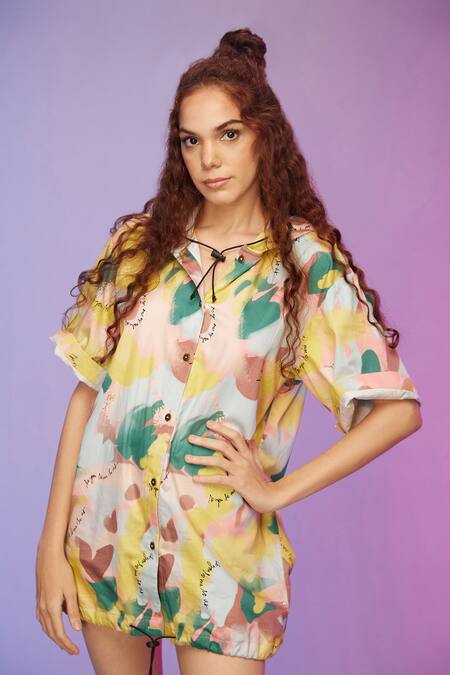 Shop_So Us By Sougatpaul_Multi Color Cotton V-neck Go To Casual Printed Hoodie Dress _Online_at_Aza_Fashions