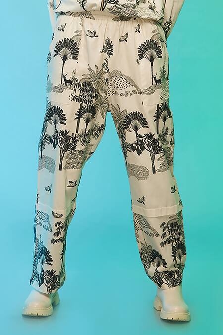Buy_So Us By Sougatpaul_Off White Cotton V-neck Exotic Adventure Print Shirt And Pant Set _Online_at_Aza_Fashions