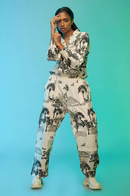 Shop_So Us By Sougatpaul_Off White Cotton V-neck Exotic Adventure Print Shirt And Pant Set _Online_at_Aza_Fashions