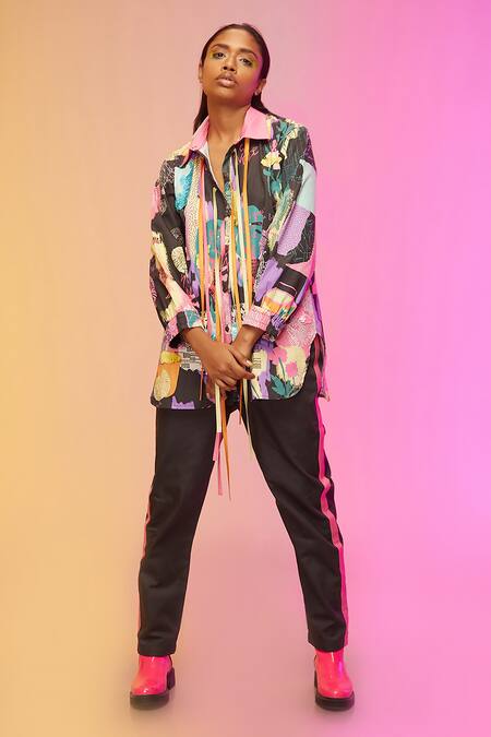 So Us By Sougatpaul Black Satin Tassels Collared City Explorer Print Shirt And Pant Set Online at Aza Fashions So Us By Sougatpaul_Black Satin Tassels Collared City Explorer Print Shirt And Pant Set _Online_at_Aza_Fashions