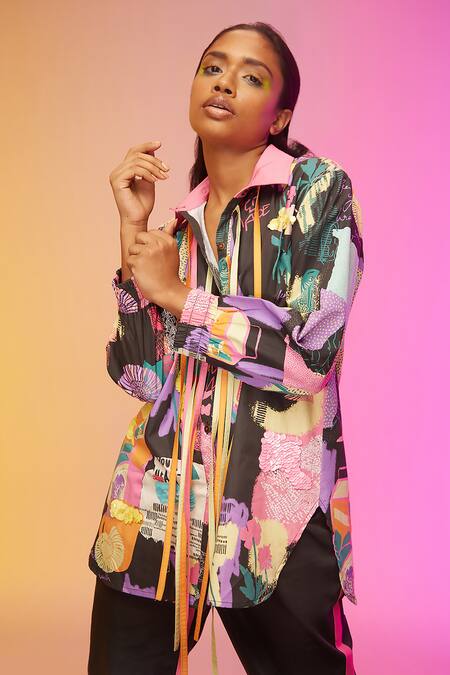 So Us By Sougatpaul Black Satin Tassels Collared City Explorer Print Shirt And Pant Set at Aza Fashions So Us By Sougatpaul_Black Satin Tassels Collared City Explorer Print Shirt And Pant Set _at_Aza_Fashions