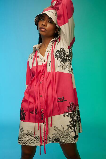 So Us By Sougatpaul_Off White Cotton Tassels Collared Coastal Vibe Print Shirt Dress _at_Aza_Fashions