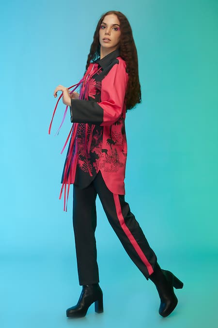 Buy_So Us By Sougatpaul_Black Cotton Tassels Collared Forest Print Shirt And Pant Set _Online_at_Aza_Fashions