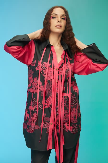 Shop_So Us By Sougatpaul_Black Cotton Tassels Collared Forest Print Shirt And Pant Set _Online_at_Aza_Fashions