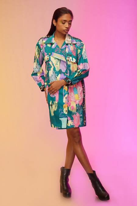So Us By Sougatpaul Green Silk, Satin Collared Metropolis Mosaic Print Shirt Dress Online at Aza Fashions So Us By Sougatpaul_Green Silk, Satin Collared Metropolis Mosaic Print Shirt Dress _Online_at_Aza_Fashions