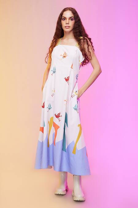 So Us By Sougatpaul Multi Color Cotton Beads, Embroidery Square Neck Radiant Print A-line Dress Online at Aza Fashions So Us By Sougatpaul_Multi Color Cotton Beads, Embroidery Square Neck Radiant Print A-line Dress _Online_at_Aza_Fashions