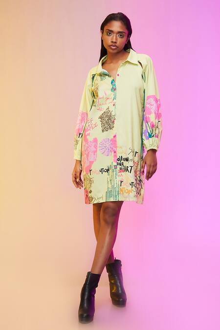 So Us By Sougatpaul Yellow Silk, Satin Tassels Collared Street Art Print Shirt Dress Online at Aza Fashions So Us By Sougatpaul_Yellow Silk, Satin Tassels Collared Street Art Print Shirt Dress _Online_at_Aza_Fashions