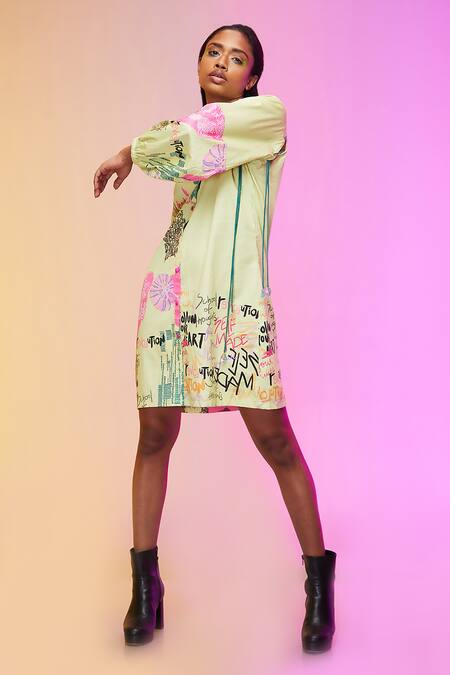 Buy So Us By Sougatpaul Yellow Silk, Satin Tassels Collared Street Art Print Shirt Dress Online at Aza Fashions Buy_So Us By Sougatpaul_Yellow Silk, Satin Tassels Collared Street Art Print Shirt Dress _Online_at_Aza_Fashions