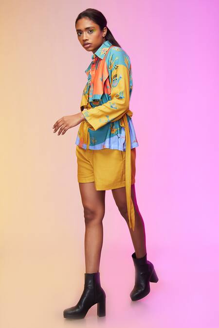 So Us By Sougatpaul_Yellow Cotton Collared Whispering Bird Print Shirt And Shorts Set _Online_at_Aza_Fashions