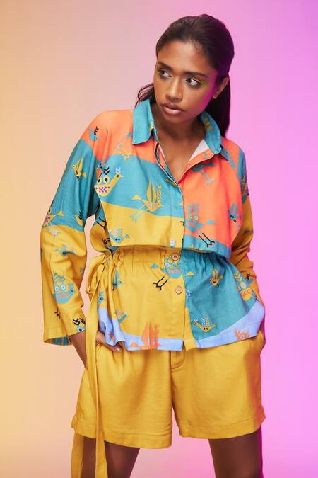 Buy_So Us By Sougatpaul_Yellow Cotton Collared Whispering Bird Print Shirt And Shorts Set _Online_at_Aza_Fashions