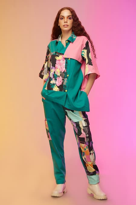 SO US by Sougatpaul Green Glass Satin Printed And Embroidered Cityscape Shirt & Pant Set  