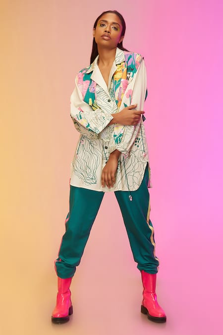 Buy_So Us By Sougatpaul_Off White Silk , Collared Abstract Canvas Print Shirt And Pant Set _Online_at_Aza_Fashions