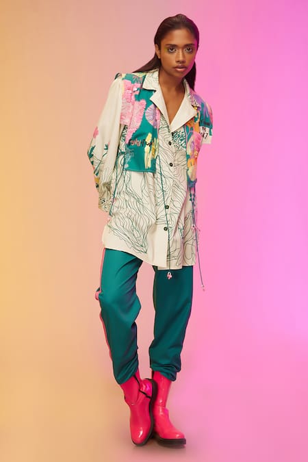 Shop_So Us By Sougatpaul_Off White Silk , Collared Abstract Canvas Print Shirt And Pant Set _Online_at_Aza_Fashions