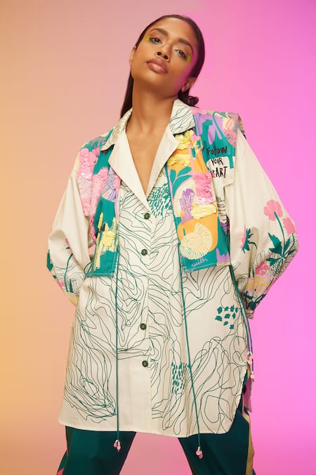 So Us By Sougatpaul_Off White Silk , Collared Abstract Canvas Print Shirt And Pant Set _at_Aza_Fashions