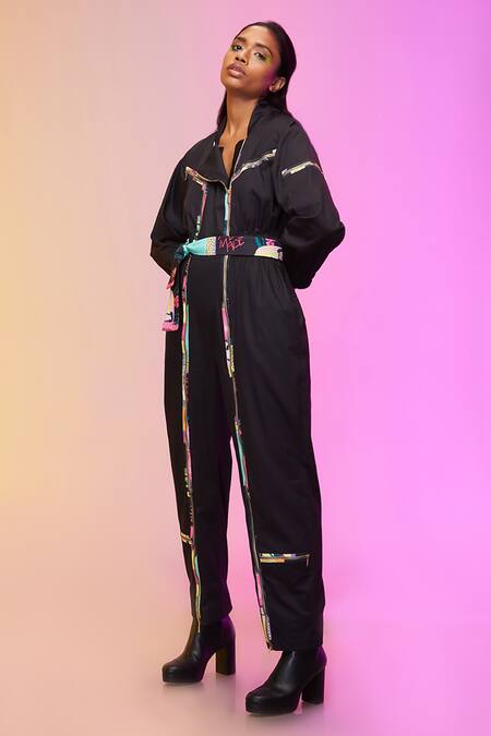 So Us By Sougatpaul_Black Satin Collared City Art Print Panelled Jumpsuit _Online_at_Aza_Fashions