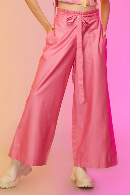 So Us By Sougatpaul_Pink Satin Sequins, Embroidery Round Neck Vivid Cityscape Print Top And Pant Set _Online_at_Aza_Fashions