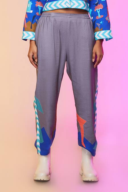 So Us By Sougatpaul_Blue Silk, Satin Collared Tribal Print Jacket And Pant Set _Online_at_Aza_Fashions