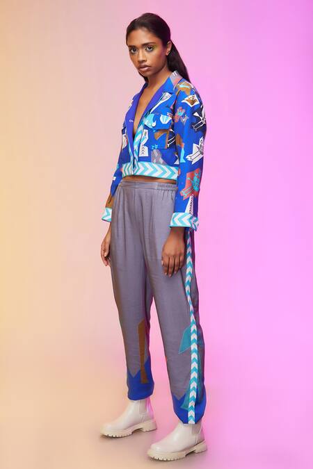 Buy_So Us By Sougatpaul_Blue Silk, Satin Collared Tribal Print Jacket And Pant Set _Online_at_Aza_Fashions