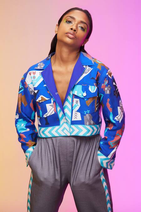 Shop_So Us By Sougatpaul_Blue Silk, Satin Collared Tribal Print Jacket And Pant Set _Online_at_Aza_Fashions