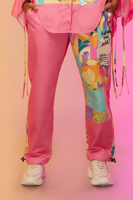 So Us By Sougatpaul_Pink Silk, Satin Sequins Collared Artful Graffiti Print Shirt And Pant Set _Online_at_Aza_Fashions