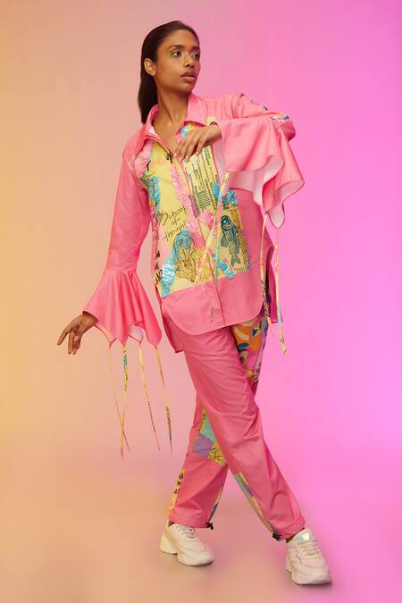 Buy_So Us By Sougatpaul_Pink Silk, Satin Sequins Collared Artful Graffiti Print Shirt And Pant Set _Online_at_Aza_Fashions