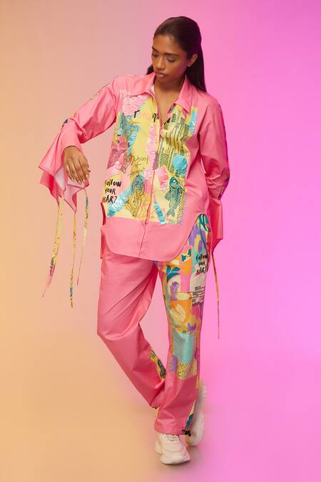 Shop_So Us By Sougatpaul_Pink Silk, Satin Sequins Collared Artful Graffiti Print Shirt And Pant Set _Online_at_Aza_Fashions