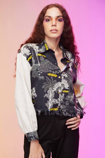 Shop_So Us By Sougatpaul_Black Cotton Fringe Collared Vintage Playful Print Shirt And Pant Set _Online_at_Aza_Fashions