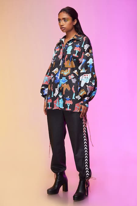 So Us By Sougatpaul_Black Cotton Collared Fluttering Sparrow Print Shirt And Pant Set _Online_at_Aza_Fashions