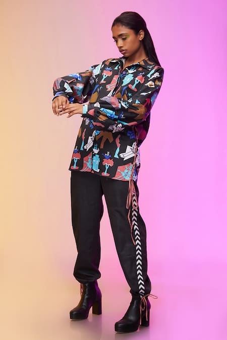 Buy_So Us By Sougatpaul_Black Cotton Collared Fluttering Sparrow Print Shirt And Pant Set _Online_at_Aza_Fashions