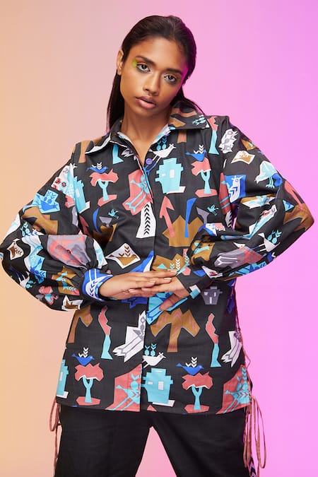 Shop_So Us By Sougatpaul_Black Cotton Collared Fluttering Sparrow Print Shirt And Pant Set _Online_at_Aza_Fashions