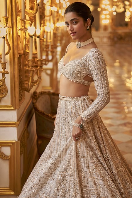 Buy_Seema Gujral_Ivory Net Pearls, Sequins Sweetheart Tonal Beads Embroidered Bridal Lehenga Set _Online_at_Aza_Fashions