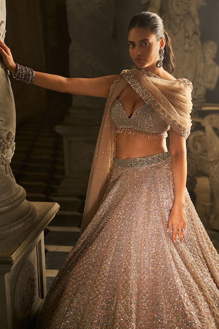 Buy_Seema Gujral_Peach Net Sequins, Beads Sweetheart Neck Tonal Embroidered Bridal Lehenga Set _Online_at_Aza_Fashions