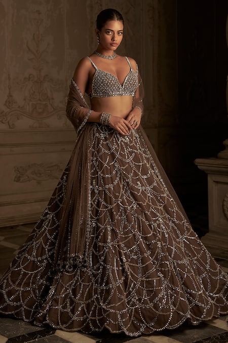 Seema Gujral_Brown Net Embroidery Crystal Plunging Neck Chandelier Bridal Lehenga Set_Online_at_Aza_Fashions