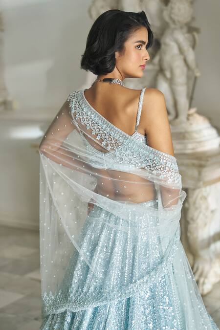 Shop_Seema Gujral_Blue Net, Organza Sequins Sweetheart Neck Embroidered Bridal Lehenga Set_at_Aza_Fashions