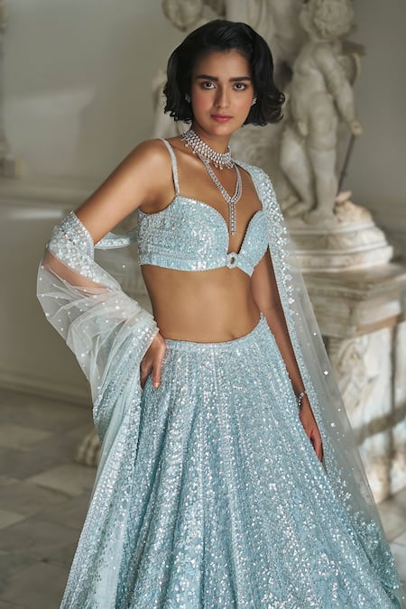 Embroidered Net Lehenga in Sky Blue : LQY1969