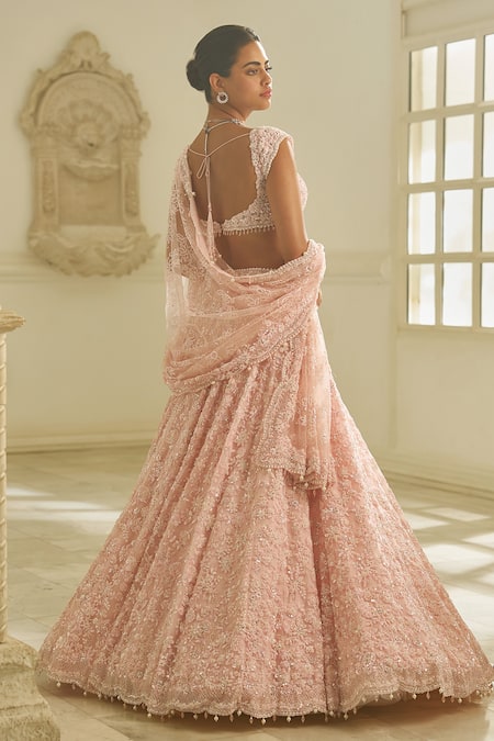 Seema Gujral_Pink Net Embroidery, Sequins, Beads, Pearls Floral Bridal Lehenga Set _Online_at_Aza_Fashions