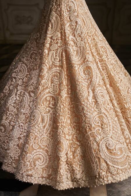 Shop_Seema Gujral_Beige Organza Pearls, Crystals, Embroidery Paisley Pattern Bridal Lehenga Set _Online_at_Aza_Fashions