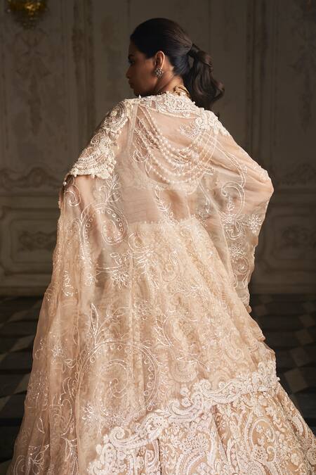 Seema Gujral_Beige Organza Pearls, Crystals, Embroidery Paisley Pattern Bridal Lehenga Set _at_Aza_Fashions