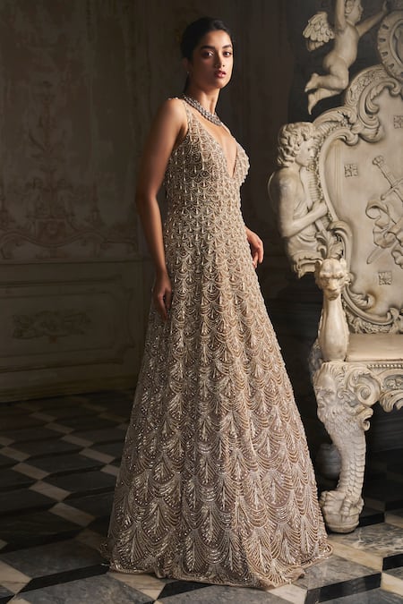 Buy_Seema Gujral_Beige Net Sequins, Stones, Pearls V-neck Embroidered Gown _Online_at_Aza_Fashions