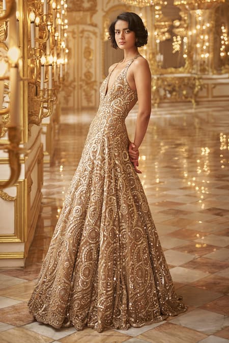 Buy_Seema Gujral_Gold Net Sequins, Stones V-neck Embroidered Gown _Online_at_Aza_Fashions