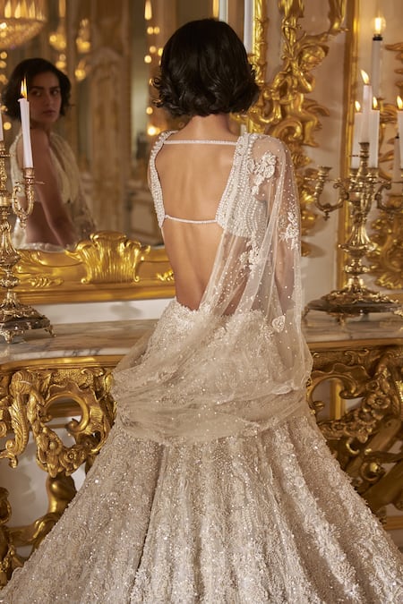 Shop_Seema Gujral_Ivory Net Pearls, Sequins, Crystals, Embroidery 3d Blouse Bridal Lehenga Set _at_Aza_Fashions