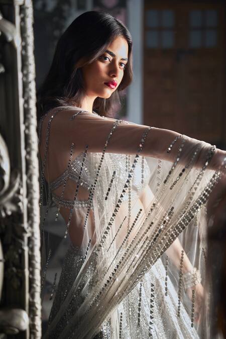Buy_Seema Gujral_Silver Net Beads, Sequins, Mirrors Embroidered Blouse Bridal Lehenga Set _Online_at_Aza_Fashions